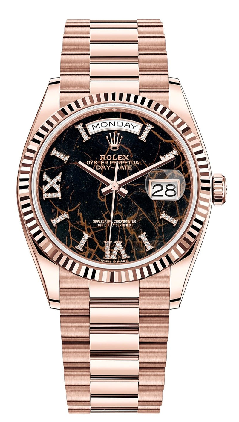 Rolex Everose Gold Day-Date 36 Watch - Fluted Bezel - Eisenkiesel Diamond Dial - President Bracelet (Ref # 128235) - WatchesOff5thWatch