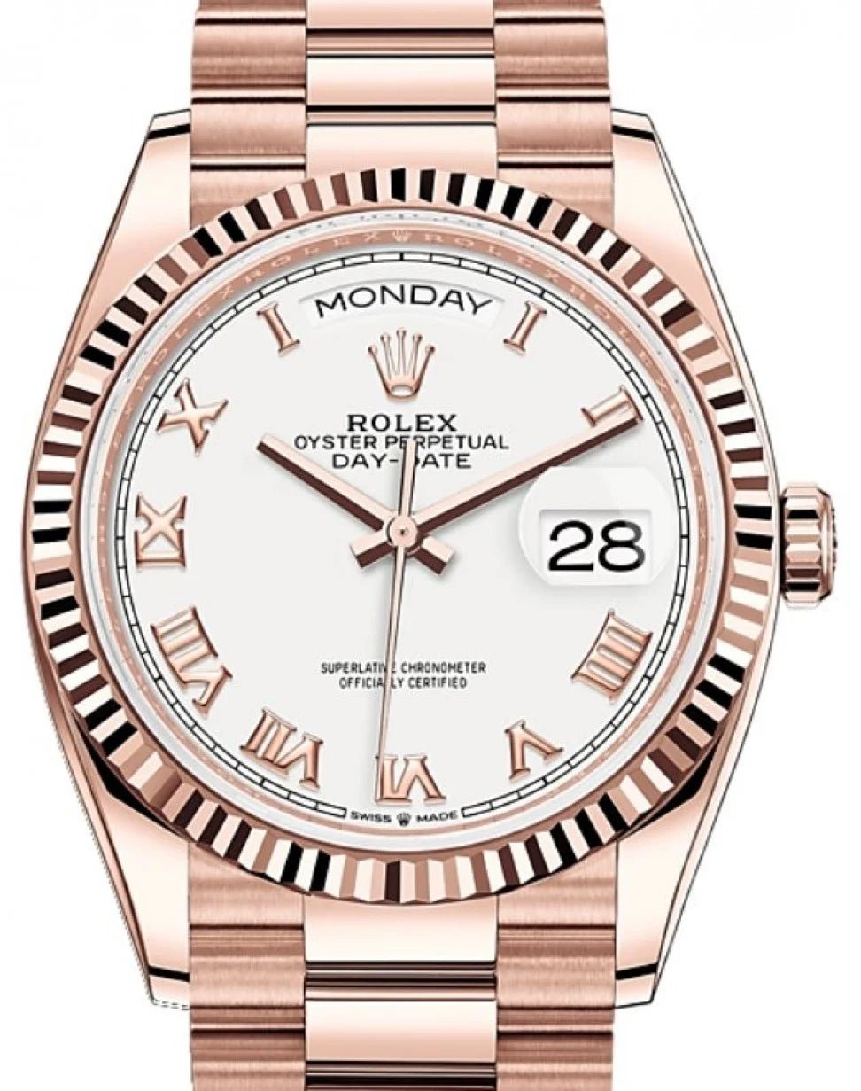 Rolex Everose Gold Day-Date 36 Watch - Fluted Bezel - White Roman Dial - President Bracelet Ref# 128235 - WatchesOff5th