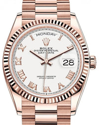 Thumbnail for Rolex Everose Gold Day-Date 36 Watch - Fluted Bezel - White Roman Dial - President Bracelet Ref# 128235 - WatchesOff5th