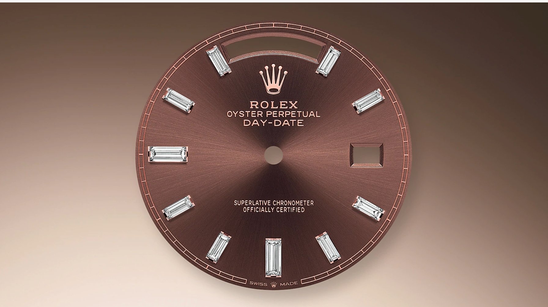 Rolex Everose Gold Day-Date 40 Watch - Everose Gold Bezel - Chocolate Baguette Diamond Dial - President Bracelet (REF#228345RBR) - WatchesOff5thWatch