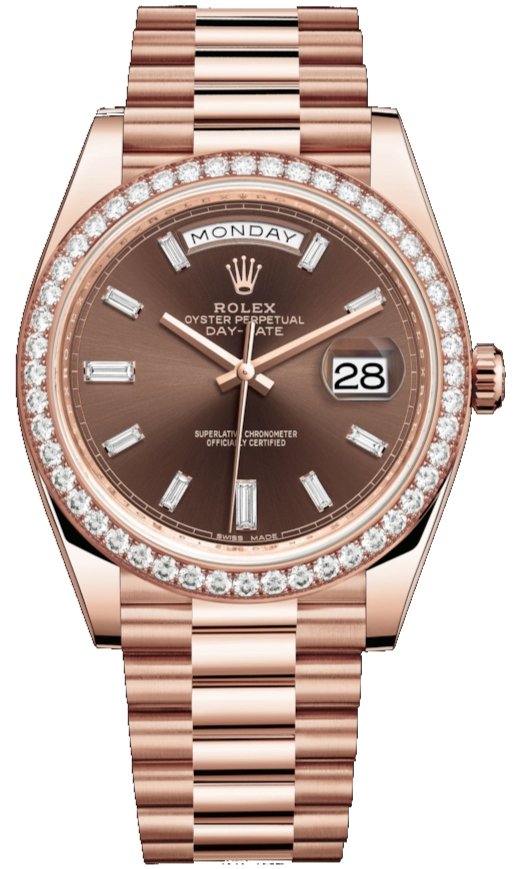 Rolex Everose Gold Day-Date 40 Watch - Everose Gold Bezel - Chocolate Baguette Diamond Dial - President Bracelet (REF#228345RBR) - WatchesOff5thWatch