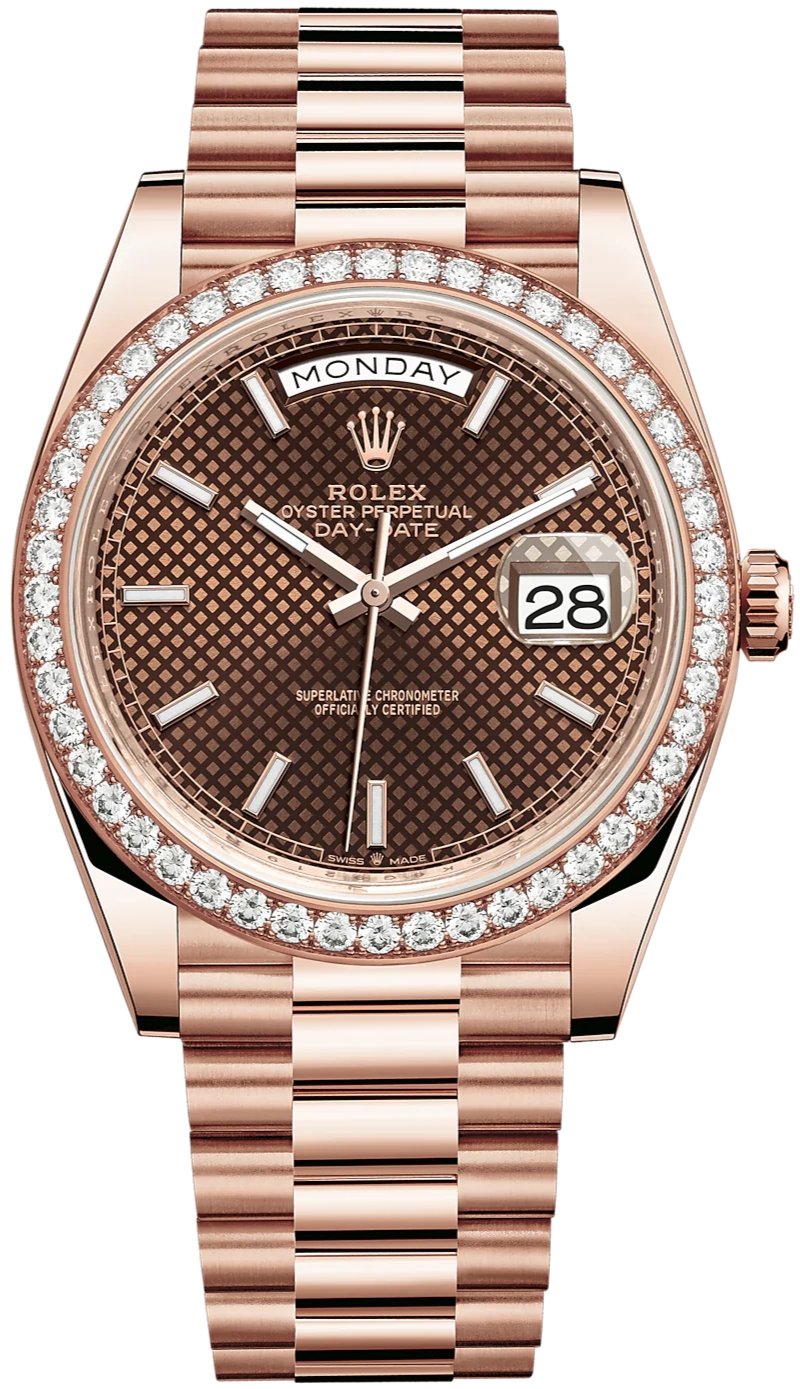 Rolex Everose Gold Day-Date 40 Watch - Everose Gold Bezel - Chocolate Diagonal Motif Index Dial - President Bracelet (Ref# 228345RBR) - WatchesOff5thWatch