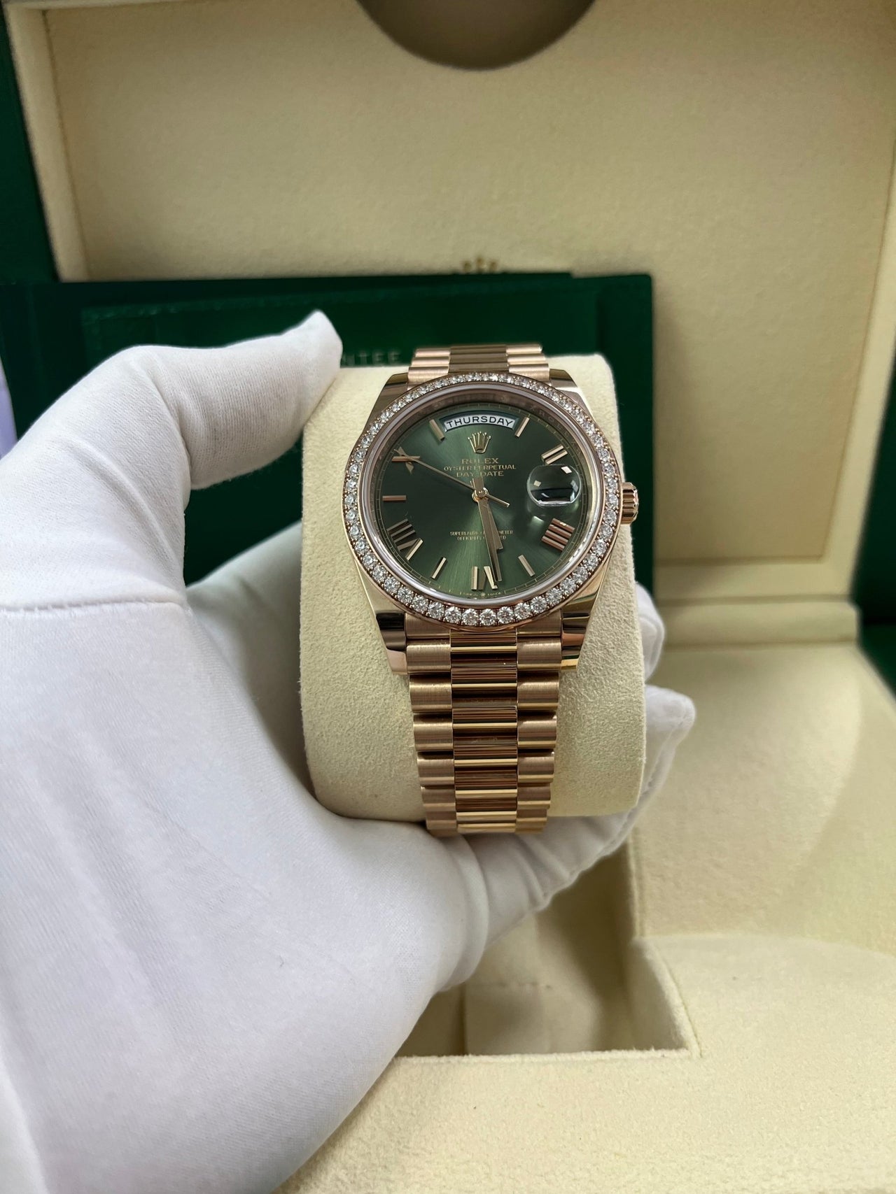 Rolex Everose Gold Day-Date 40 Watch - Everose Gold Bezel - Olive Green Bevelled Roman Dial - President Bracelet (Ref# 228345RBR) - WatchesOff5thWatch