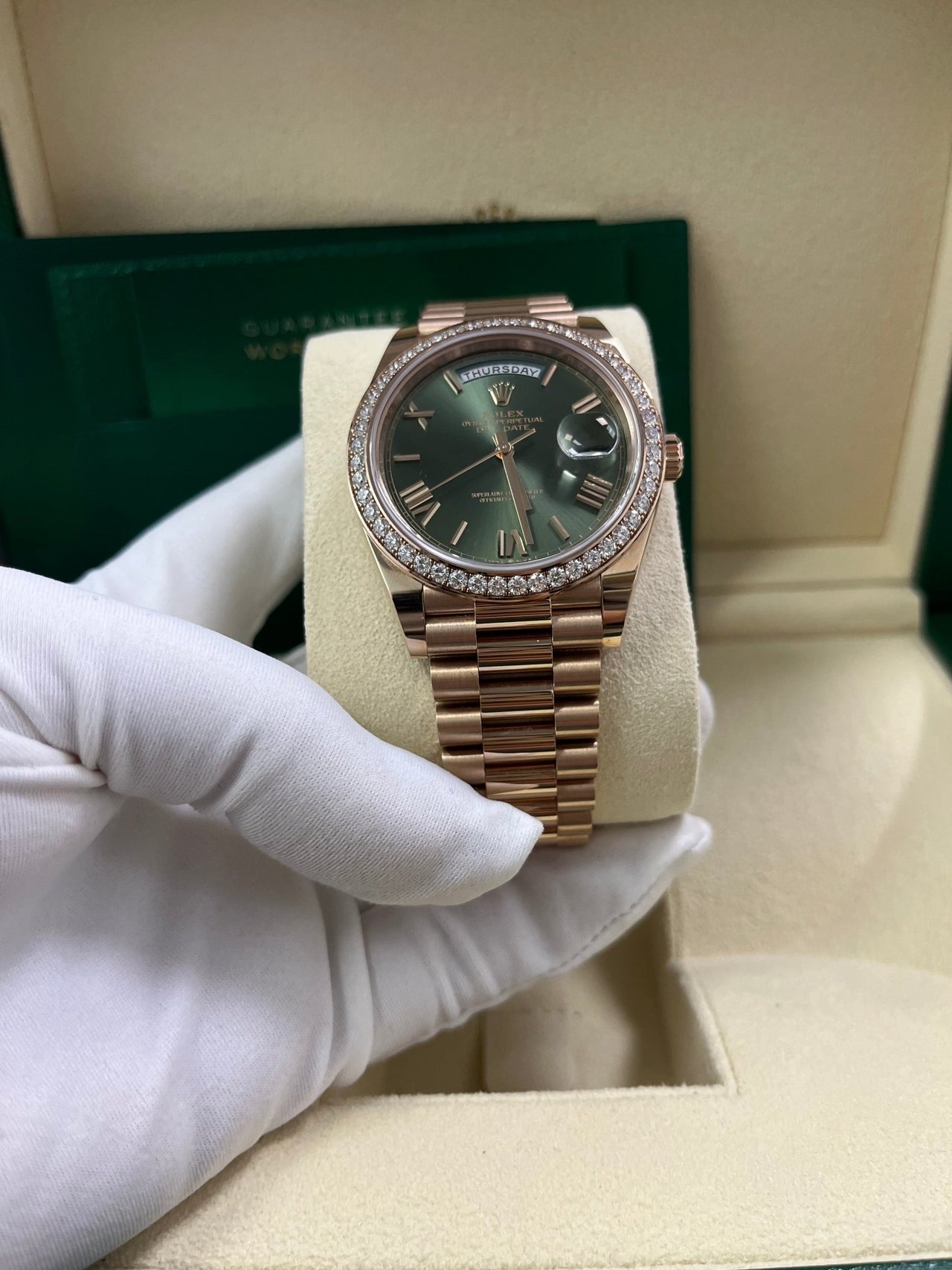 Rolex Everose Gold Day Date 40 Watch Everose Gold Bezel Olive Gree WatchesOff5th