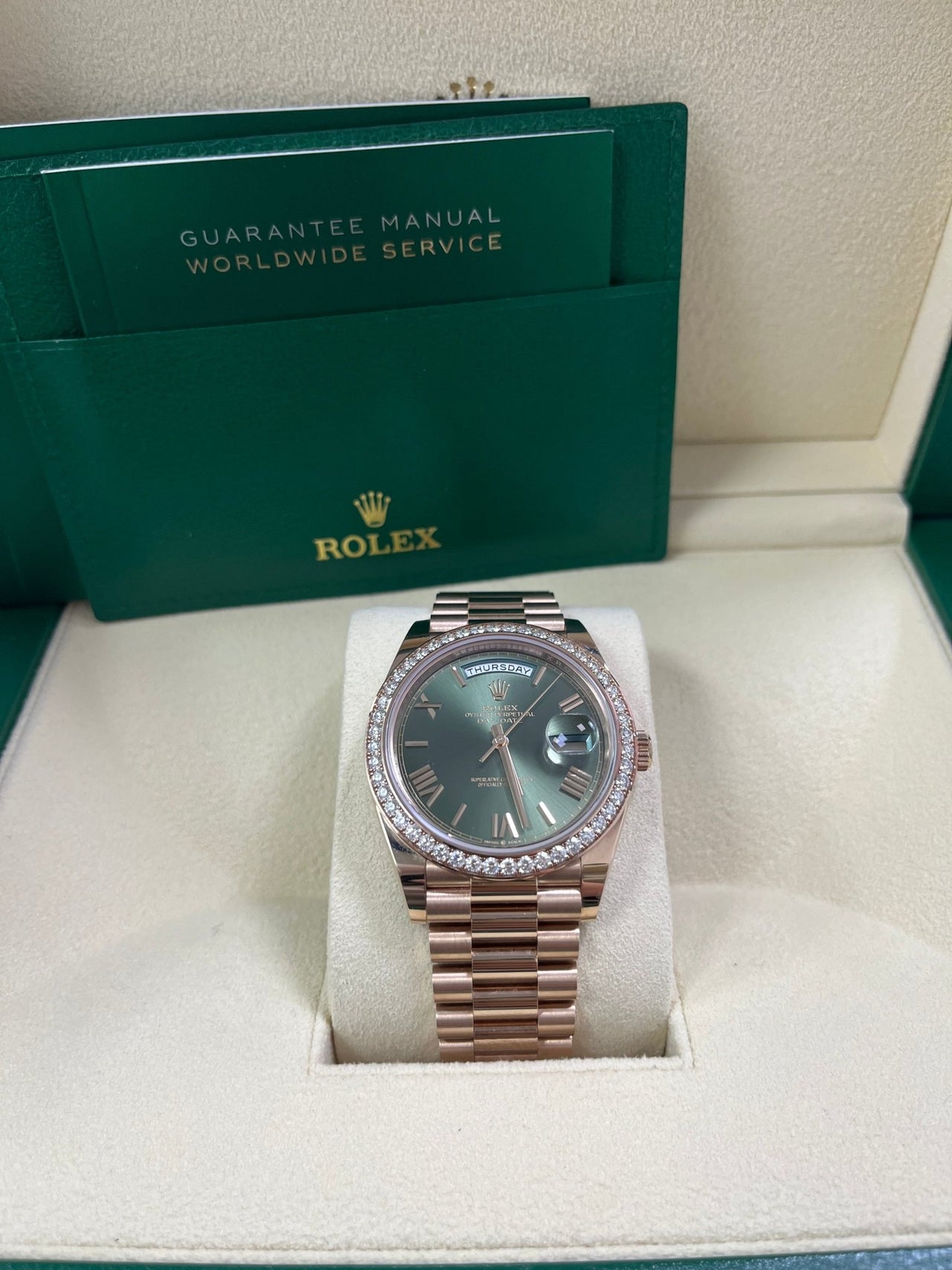 Rolex Everose Gold Day-Date 40 Watch - Everose Gold Bezel - Olive Green Bevelled Roman Dial - President Bracelet (Ref# 228345RBR) - WatchesOff5thWatch