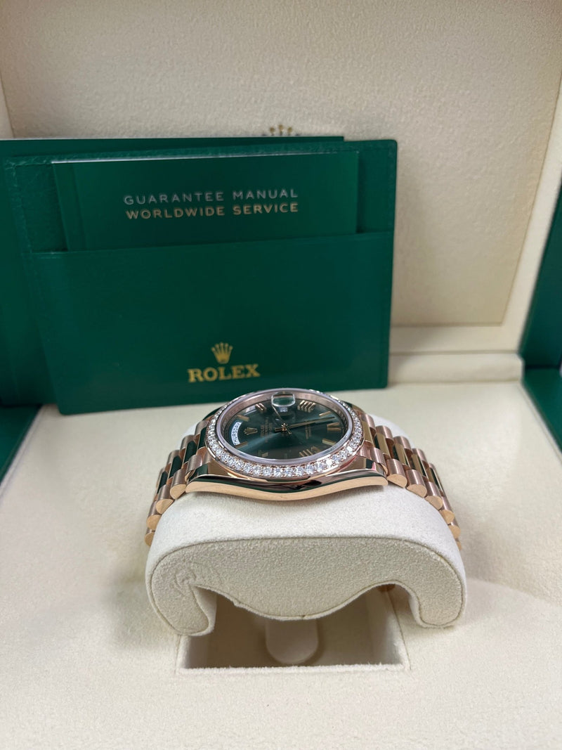 Rolex Everose Gold Day-Date 40 Watch - Everose Gold Bezel - Olive Green Bevelled Roman Dial - President Bracelet (Ref# 228345RBR) - WatchesOff5thWatch