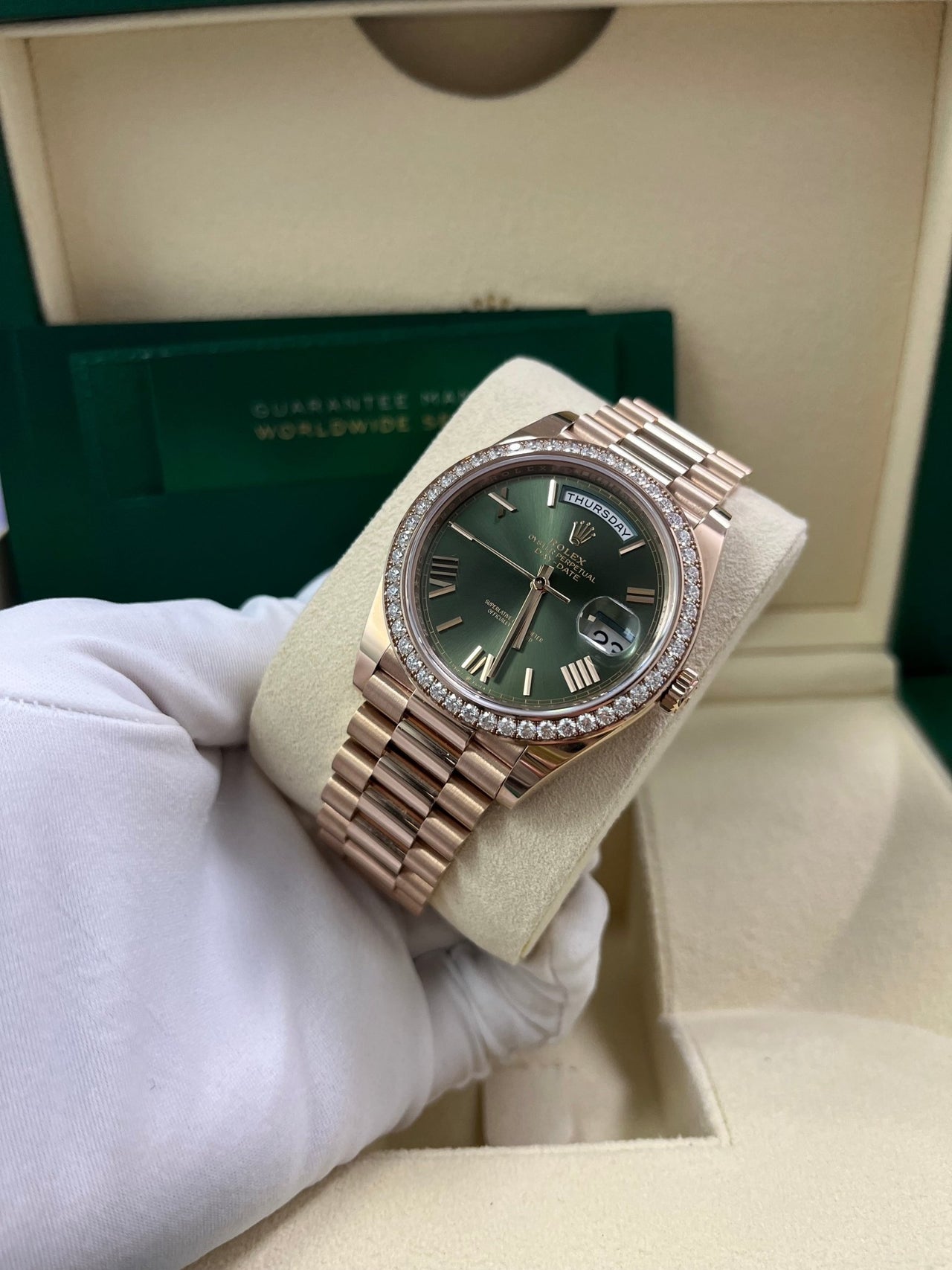 Rolex Everose Gold Day-Date 40 Watch - Everose Gold Bezel - Olive Green Bevelled Roman Dial - President Bracelet (Ref# 228345RBR) - WatchesOff5thWatch