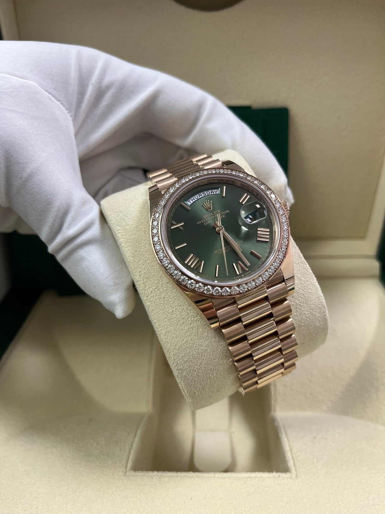 Rolex Everose Gold Day-Date 40 Watch - Everose Gold Bezel - Olive Green Bevelled Roman Dial - President Bracelet (Ref# 228345RBR) - WatchesOff5thWatch