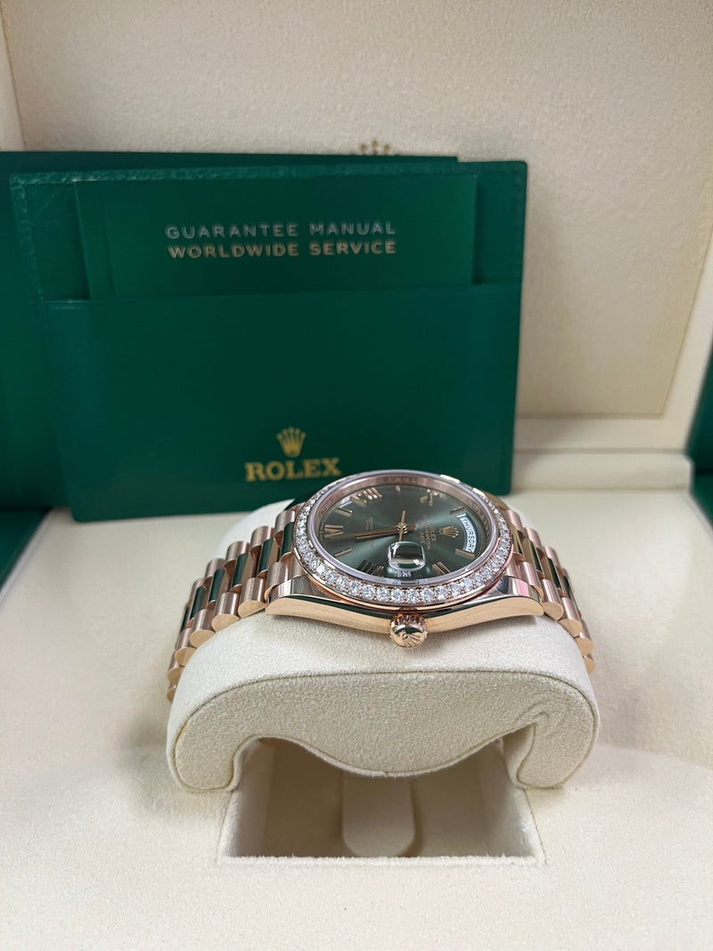 Rolex Everose Gold Day-Date 40 Watch - Everose Gold Bezel - Olive Green Bevelled Roman Dial - President Bracelet (Ref# 228345RBR) - WatchesOff5thWatch