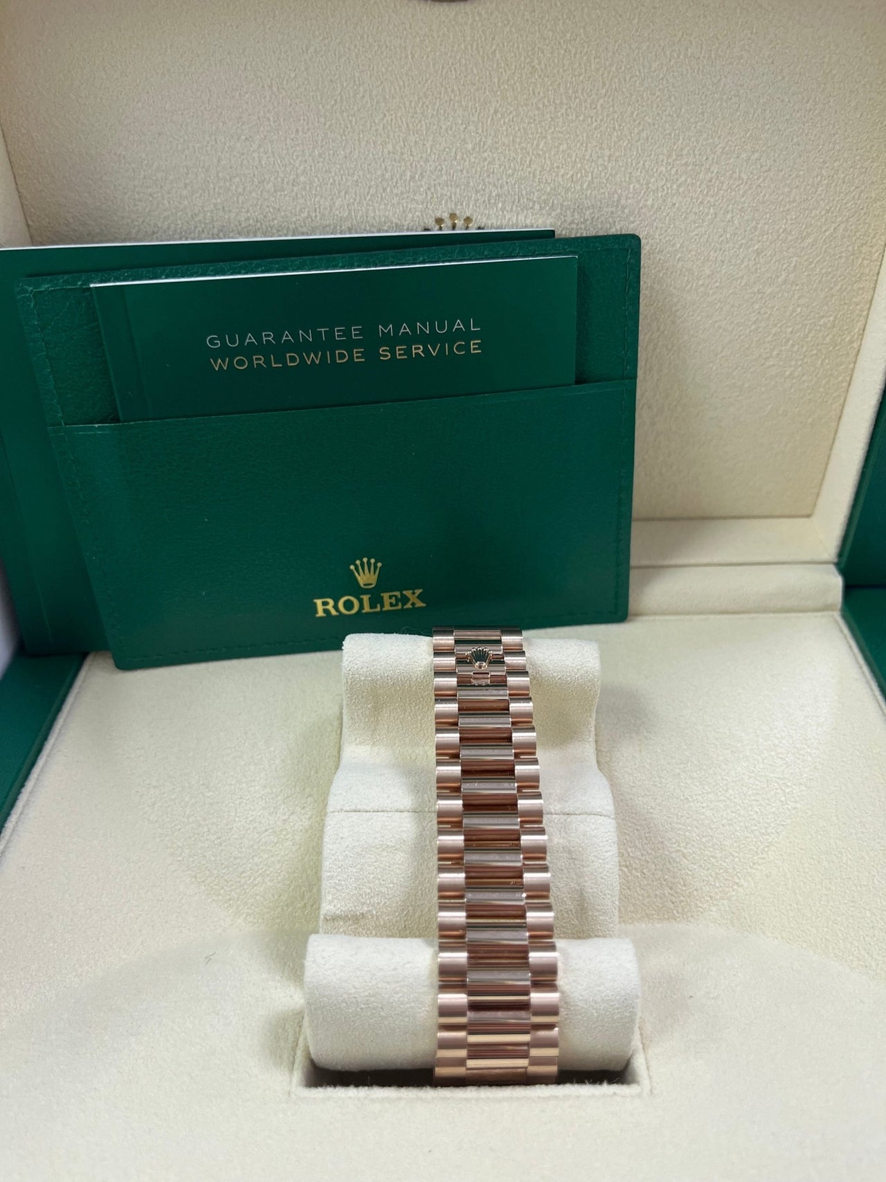 Rolex Everose Gold Day-Date 40 Watch - Everose Gold Bezel - Olive Green Bevelled Roman Dial - President Bracelet (Ref# 228345RBR) - WatchesOff5thWatch