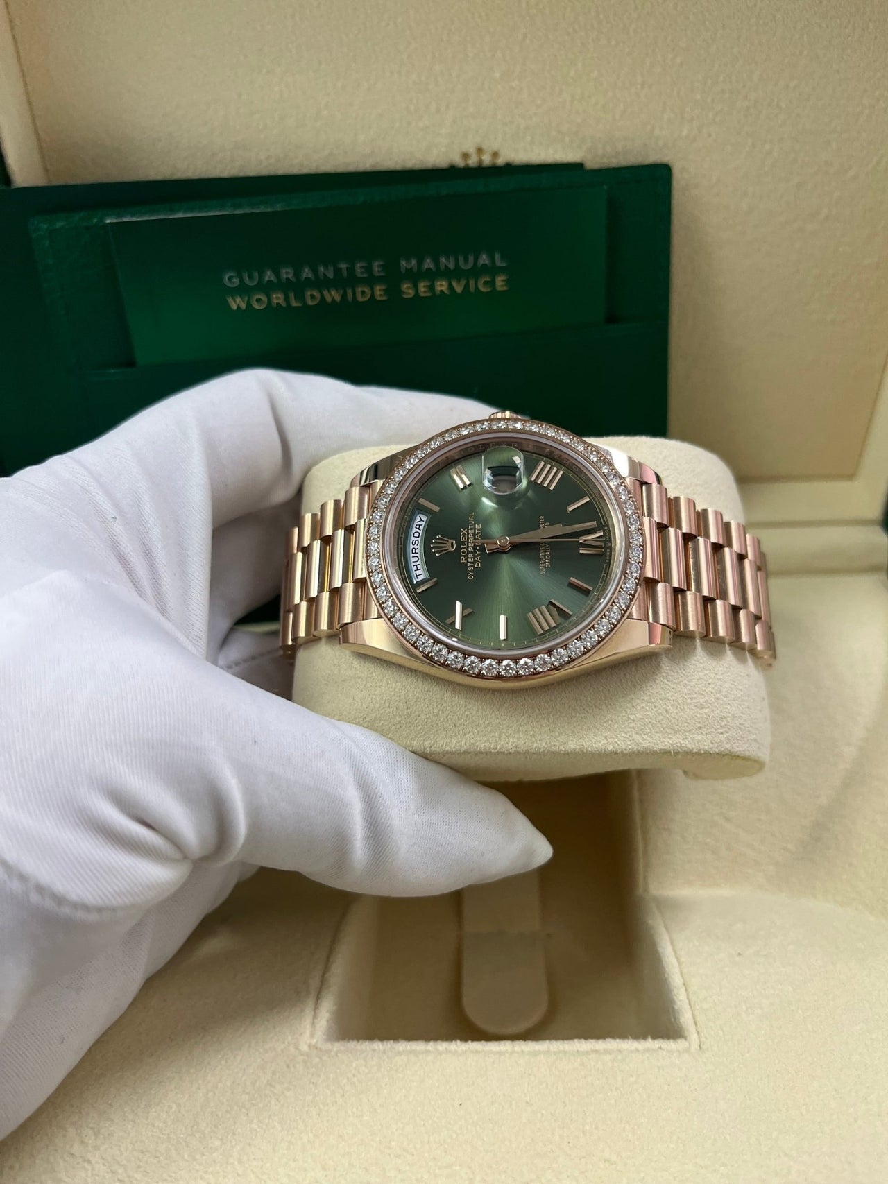 Rolex Everose Gold Day-Date 40 Watch - Everose Gold Bezel - Olive Green Bevelled Roman Dial - President Bracelet (Ref# 228345RBR) - WatchesOff5thWatch