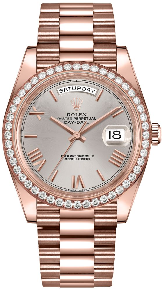 Rolex Everose Gold Day-Date 40 Watch - Everose Gold Bezel - Sundust Bevelled Roman Dial - President Bracelet (Ref#228345RBR) - WatchesOff5thWatch