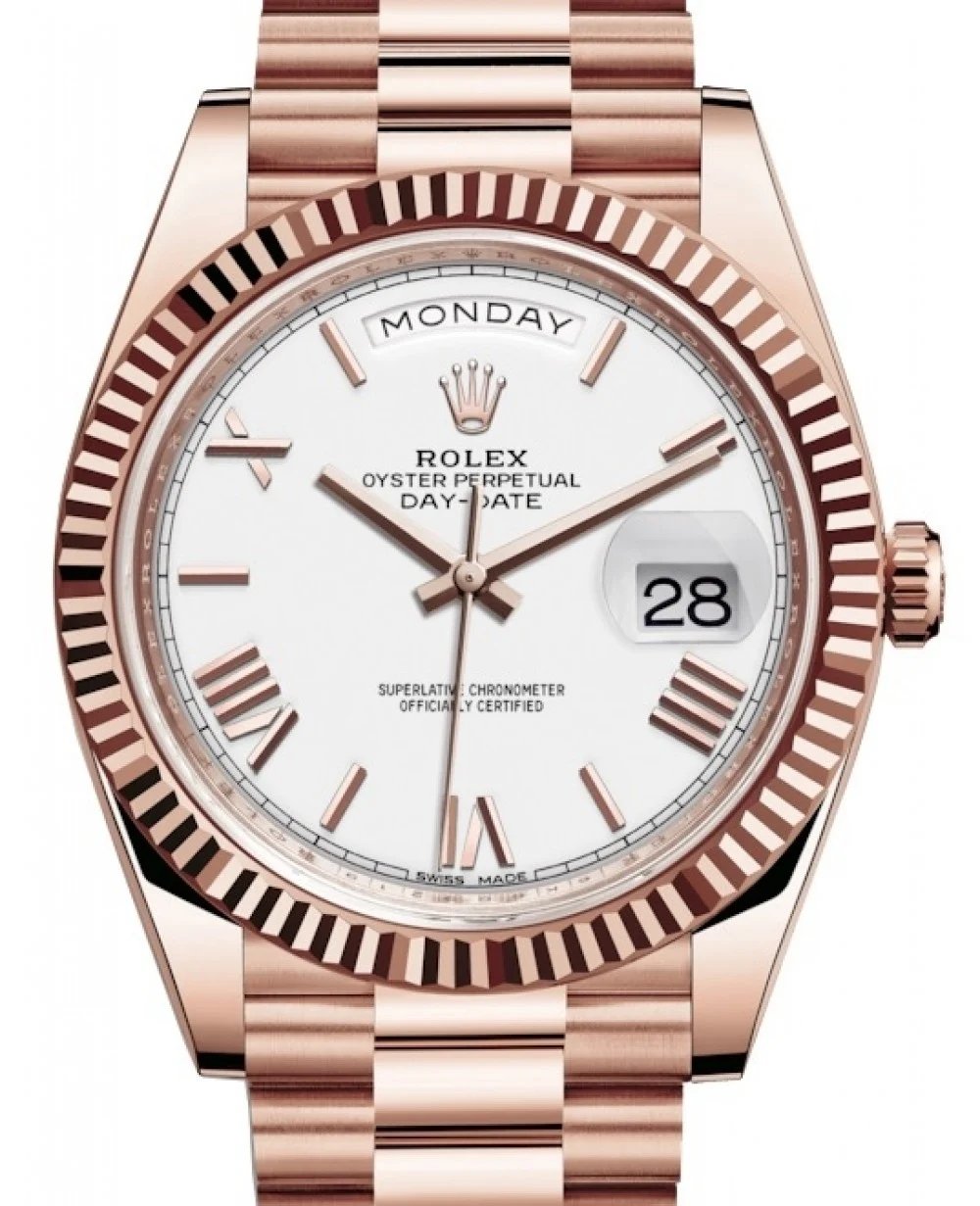 Rolex Everose Gold Day-Date 40 Watch Fluted Bezel White Bevelled