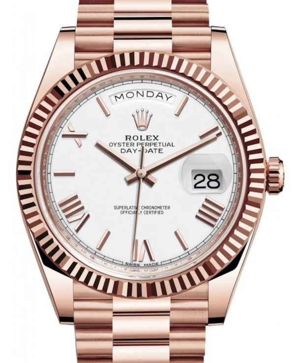 Rolex Everose Gold Day-Date 40 Watch Fluted Bezel White Bevelled Roman Dial 228235 - WatchesOff5th