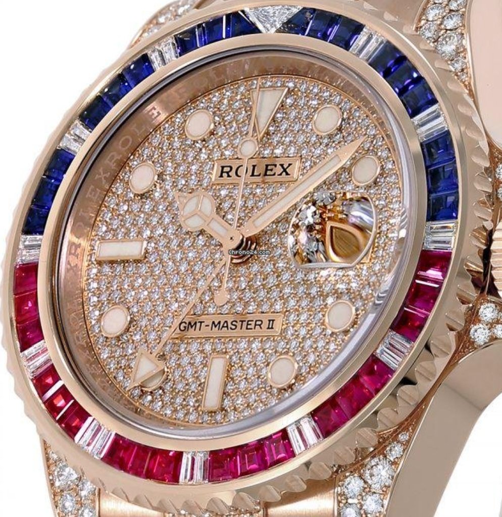 Rolex GMT-Master II Everose Gold/ Full Diamond Paved Dial/ Bracelet Sapphire & Ruby (Ref# 126755SARU) - WatchesOff5thWatch