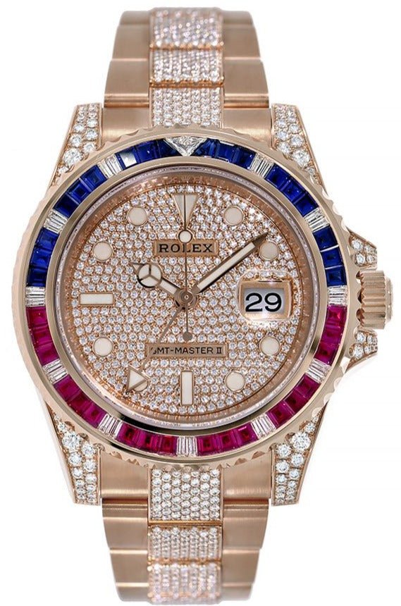 Rolex GMT-Master II Everose Gold/ Full Diamond Paved Dial/ Bracelet Sapphire & Ruby (Ref# 126755SARU) - WatchesOff5thWatch