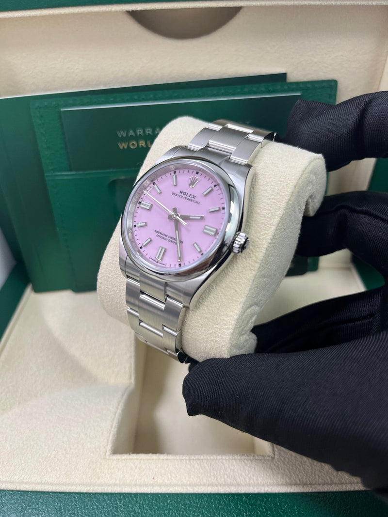 Rolex Oyster Perpetual 36 Watch - Domed Bezel - Candy Pink Index Dial - Oyster Bracelet (Ref# 12600) - WatchesOff5th
