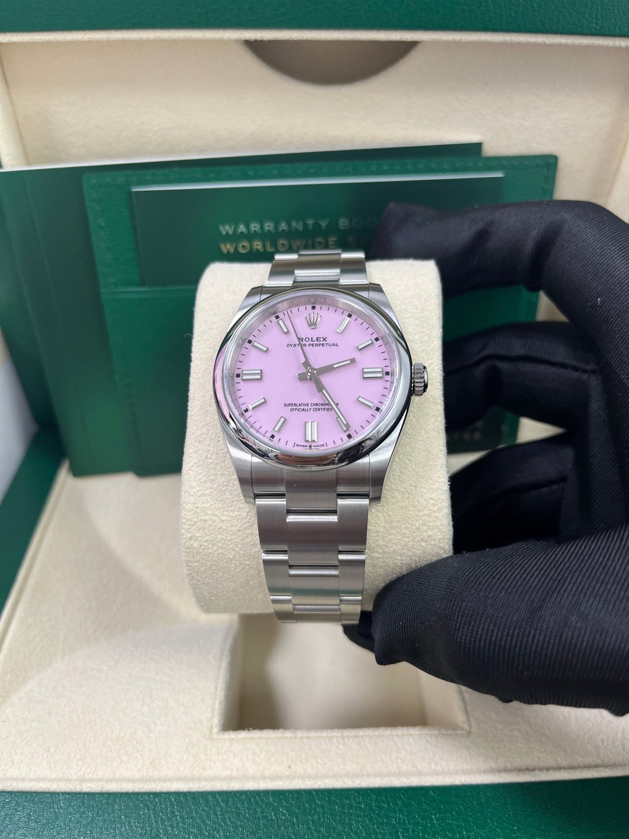 Rolex Oyster Perpetual 36 Watch - Domed Bezel - Candy Pink Index Dial - Oyster Bracelet (Ref# 12600) - WatchesOff5th