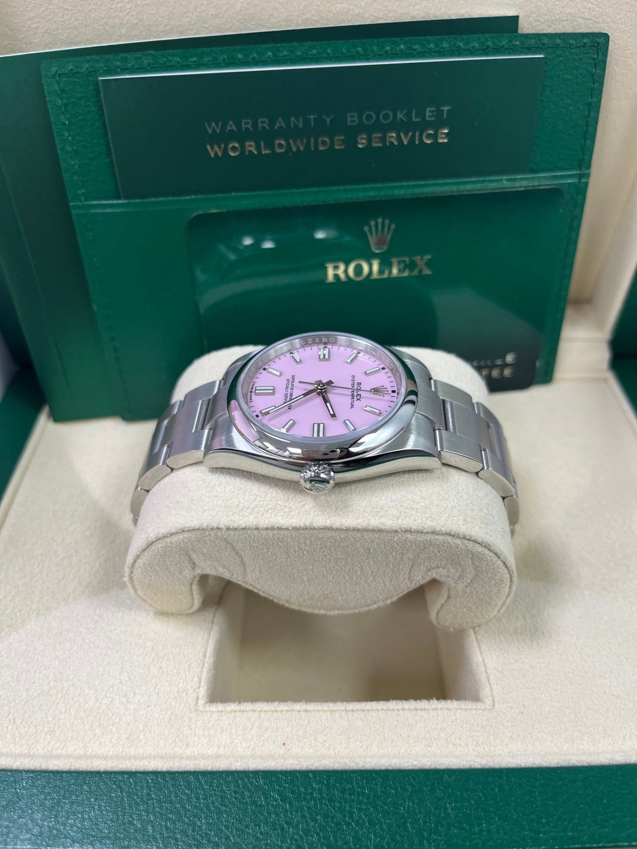 Rolex Oyster Perpetual 36 Watch - Domed Bezel - Candy Pink Index Dial - Oyster Bracelet (Ref# 12600) - WatchesOff5th