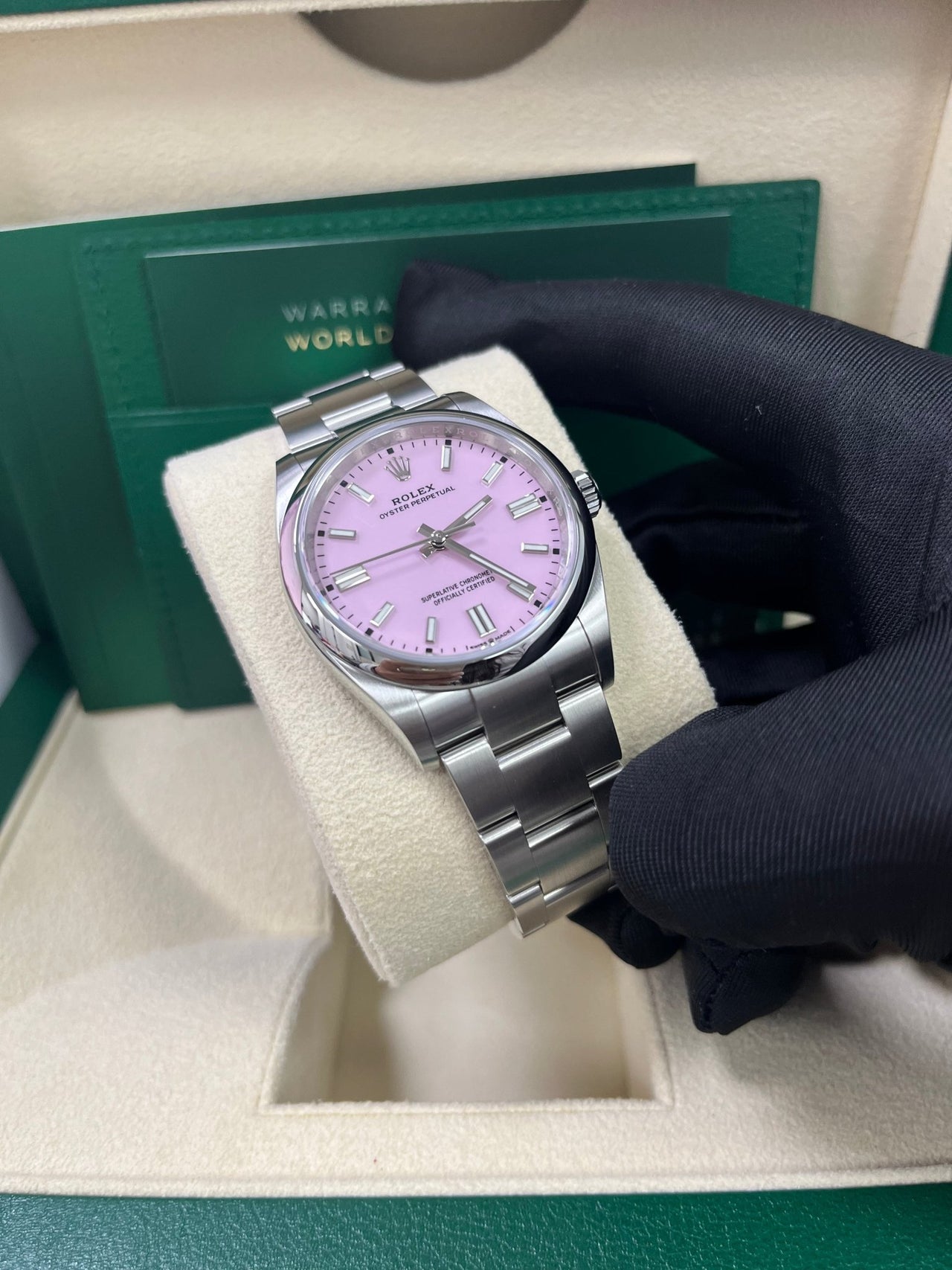 Rolex Oyster Perpetual 36 Watch - Domed Bezel - Candy Pink Index Dial - Oyster Bracelet (Ref# 12600) - WatchesOff5th