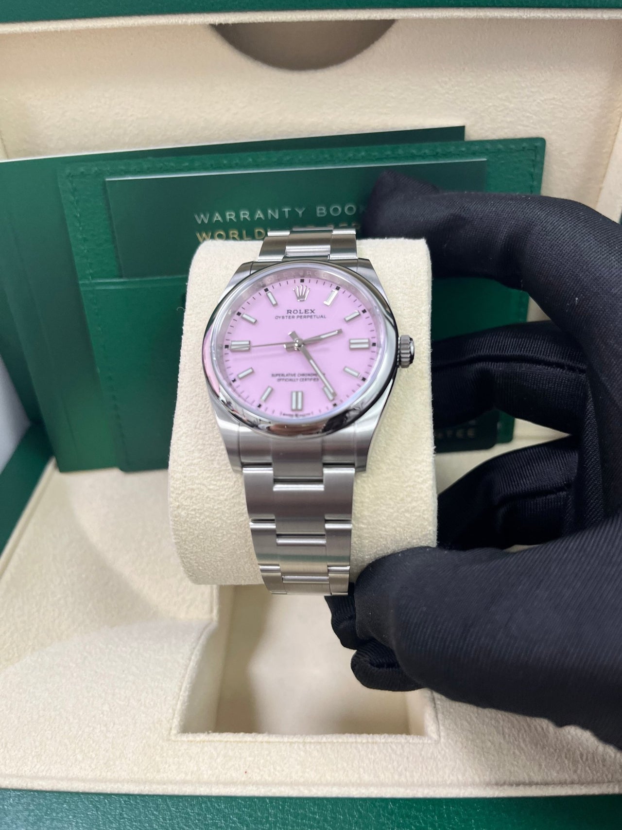 Rolex Oyster Perpetual 36 Watch - Domed Bezel - Candy Pink Index Dial - Oyster Bracelet (Ref# 12600) - WatchesOff5th