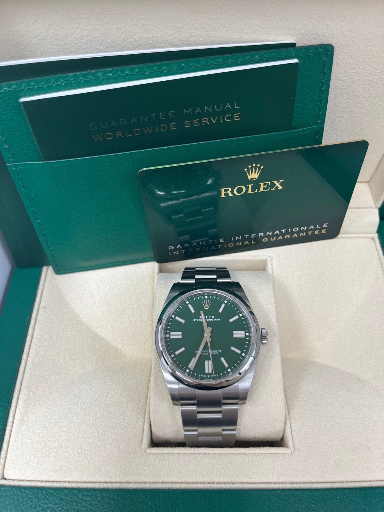 Rolex Oyster Perpetual 41 Stainless Steel - Green Index Dial - Oyster Bracelet (Ref# 124300) - WatchesOff5thWatch