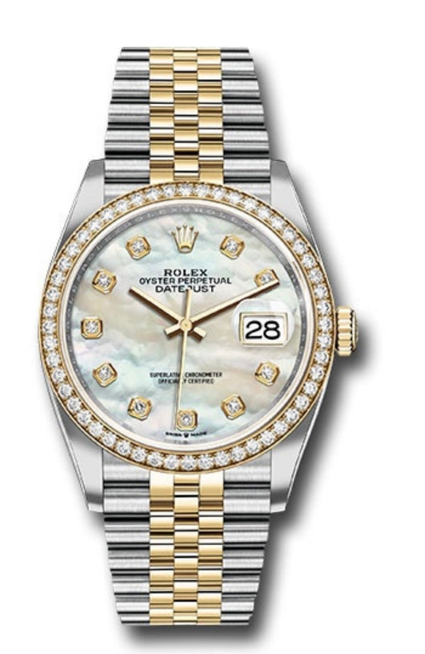 Rolex Rolesor Datejust 36 Watch - Yellow Diamond Bezel - White Mother-Of-Pearl Jubilee Ref 126283RBR - WatchesOff5th