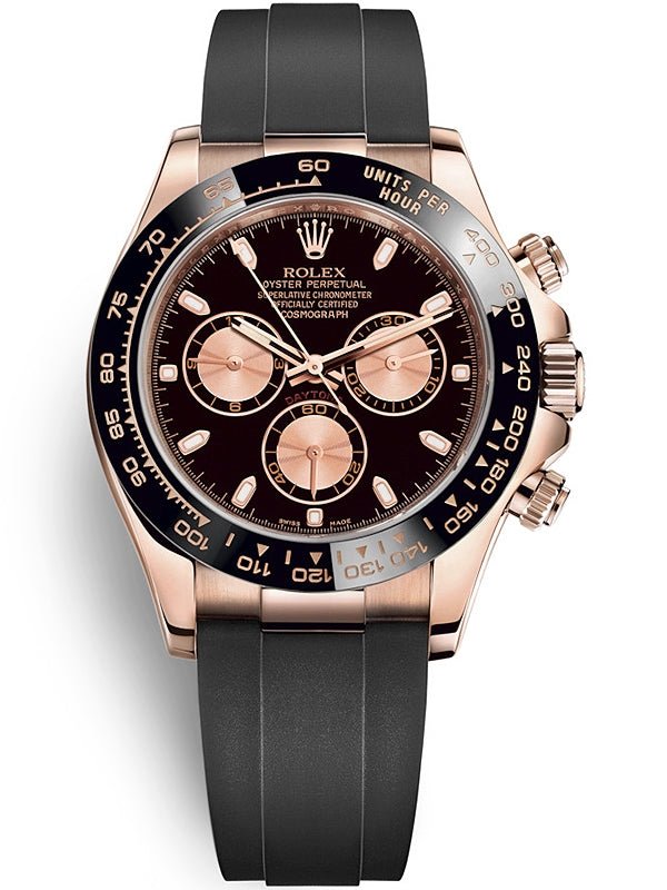 Rolex Rose Gold Daytona 40 Watch - Black Index Dial - Black Oysterflex Strap Reference Reference #116515ln - WatchesOff5thWatch