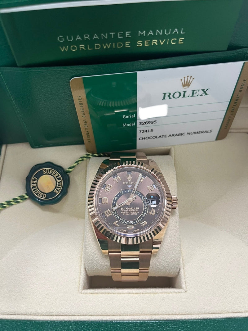 Rolex Sky-Dweller Rose Gold Sky-Dweller Chocolate Sunray Arabic Dial (Reference # 326935) - WatchesOff5thWatch