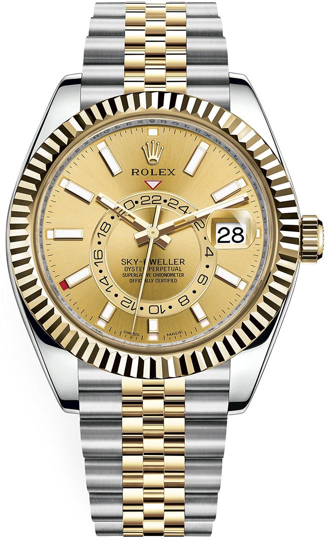 Rolex Sky-Dweller Two-Tone Stainless Steel - Yellow Gold Champagne Index Dial -Jubilee Bracelet (Ref# 326933) - WatchesOff5thWatch