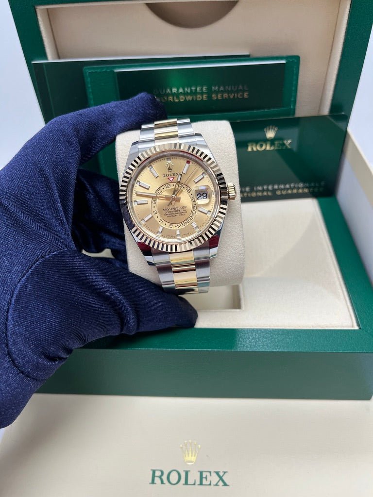 Rolex Sky-Dweller Two-Tone Stainless Steel - Yellow Gold Champagne Index Dial - Oyster Bracelet (Ref# 326933) - WatchesOff5thWatch