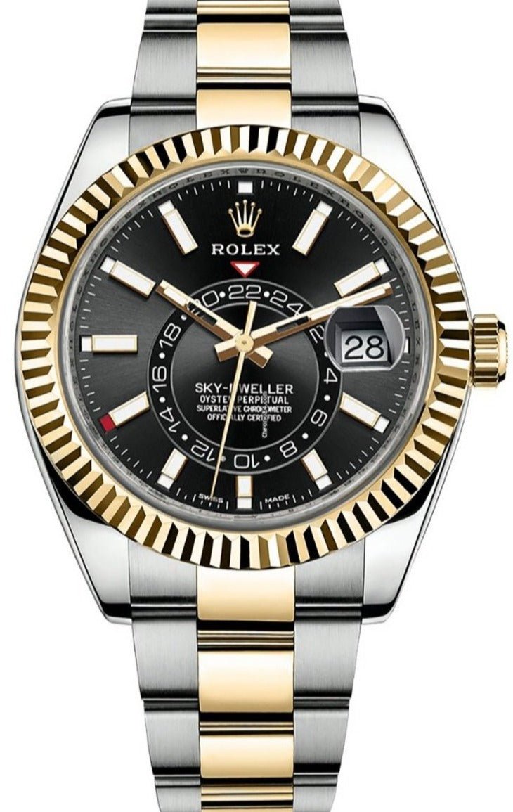 Rolex Sky Dweller Two Tone Yellow Gold Black Index Dial Oyster Bra WatchesOff5th