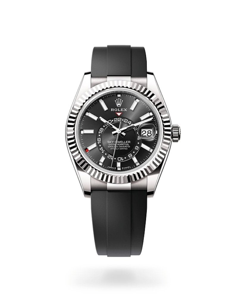 Rolex Sky-Dweller White Gold Fluted Bezel Black Index Dial Oysterflex Strap 336239 - WatchesOff5th