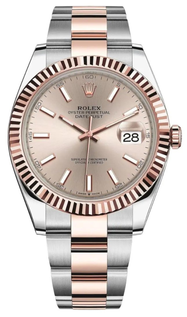 Rolex Steel and Everose Rolesor Datejust 41 Watch - Fluted Bezel - Sundust Index Dial - Oyster Bracelet - WatchesOff5th