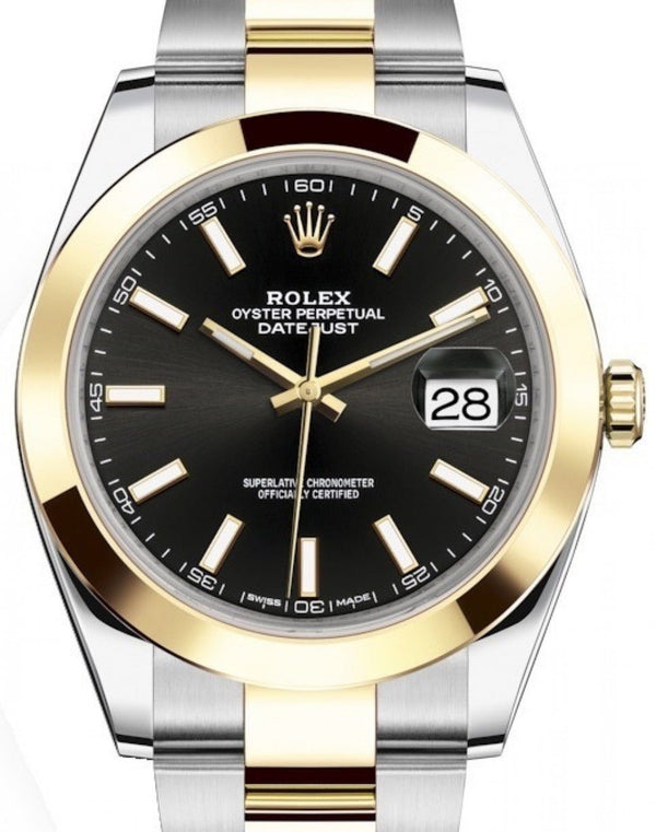 Rolex Steel and Yellow Gold Rolesor Datejust 41 Smooth Bezel Black Index Dial Oyster Bracelet (REF#126303) - WatchesOff5thWatch