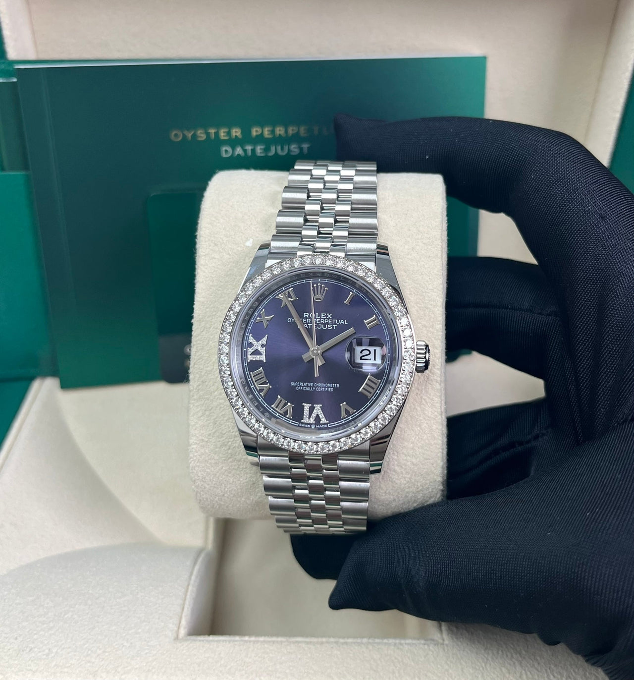 Rolex Steel Datejust 36 Watch - Diamond Bezel - Aubergine Purple Diamond Roman VI and IX Dial - Jubilee Bracelet (Reference #126284rbr) - WatchesOff5thWatch