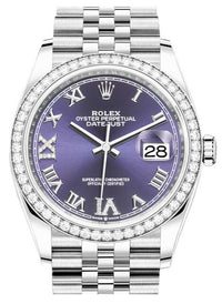 Thumbnail for Rolex Steel Datejust 36 Watch - Diamond Bezel - Aubergine Purple Diamond Roman VI and IX Dial - Jubilee Bracelet (Reference #126284rbr) - WatchesOff5thWatch