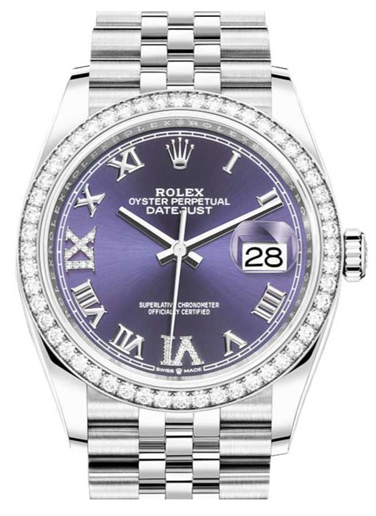 Rolex Steel Datejust 36 Watch - Diamond Bezel - Aubergine Purple Diamond Roman VI and IX Dial - Jubilee Bracelet (Reference #126284rbr) - WatchesOff5thWatch