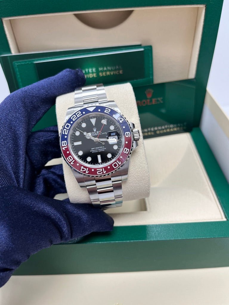 Rolex Steel GMT-Master II 40 Watch - Blue And Red Pepsi Bezel - Black Dial - Oyster Bracelet (Ref# 126710BLRO) - WatchesOff5thWatch