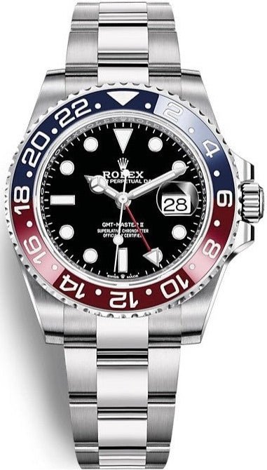 Rolex Steel GMT-Master II 40 Watch - Blue And Red Pepsi Bezel - Black Dial - Oyster Bracelet (Ref# 126710BLRO) - WatchesOff5thWatch
