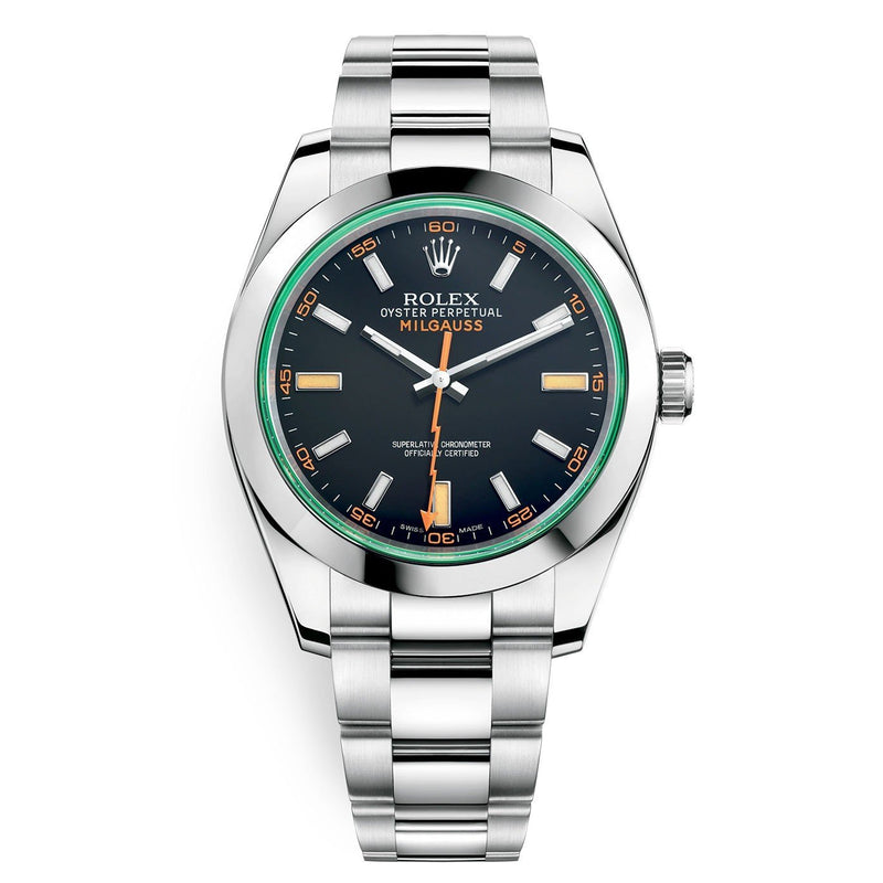 Rolex Steel Milgauss Watch Green Crystal - 116400GV Custom Mad in time Dial - WatchesOff5th