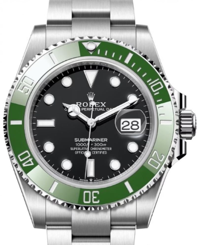 2023 Rolex Kermit Submariner, reference 12610lv, featuring a 41mm steel case, black dial, and a green ceramic bezel with an oyster bracelet and 5mm glide lock extension.