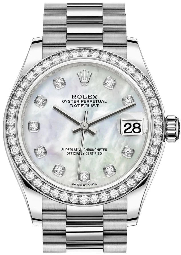 Rolex White Gold Datejust 31 Watch - Diamond Bezel - Mother-Of-Pearl Diamond Dial - President Bracelet (Reference #278289rbr) - WatchesOff5thWatches