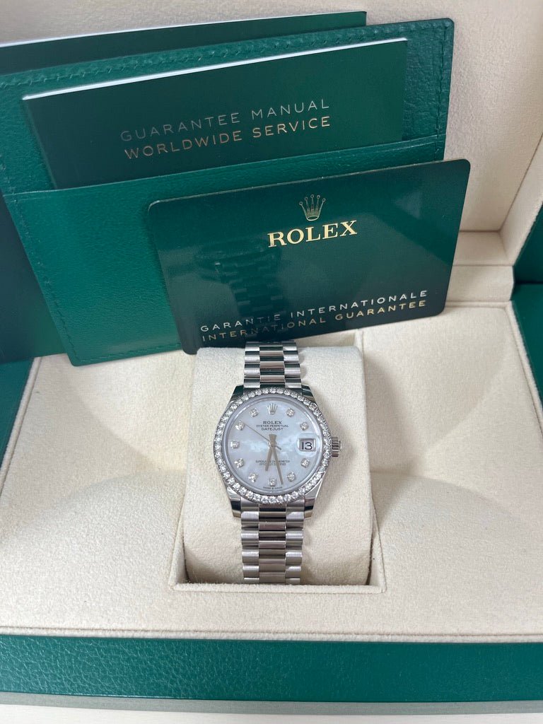 Rolex White Gold Datejust 31 Watch - Diamond Bezel - Mother-Of-Pearl Diamond Dial - President Bracelet (Reference #278289rbr) - WatchesOff5thWatches