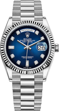 Thumbnail for Rolex White Gold Day-Date 36 Watch - Fluted Bezel - Blue Ombre´ Diamond Dial - President Bracelet (Ref # 128239) - WatchesOff5thWatch