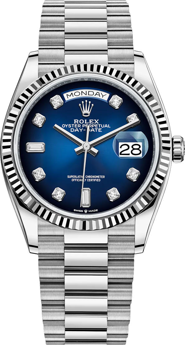 Rolex White Gold Day-Date 36 Watch - Fluted Bezel - Blue Ombre´ Diamond Dial - President Bracelet (Ref # 128239) - WatchesOff5thWatch