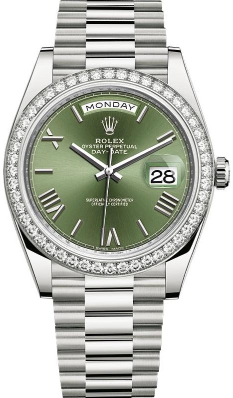 Rolex White Gold Day-Date 40 Watch - Bezel - Olive Green Bevelled Roman Dial - President Bracelet (Ref# 228349RBR) - WatchesOff5thWatch