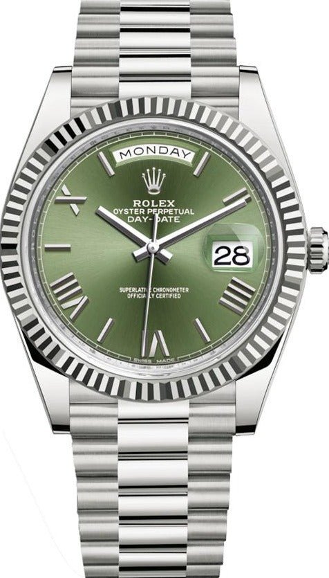 Rolex White Gold Day-Date 40 Watch - Fluted Bezel - Olive Green Bevelled Roman Dial - President Bracelet (Ref# 228239) - WatchesOff5thWatch