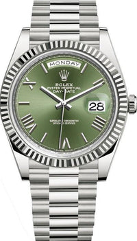 Thumbnail for Rolex White Gold Day-Date 40 Watch - Fluted Bezel - Olive Green Bevelled Roman Dial - President Bracelet (Ref# 228239) - WatchesOff5thWatch