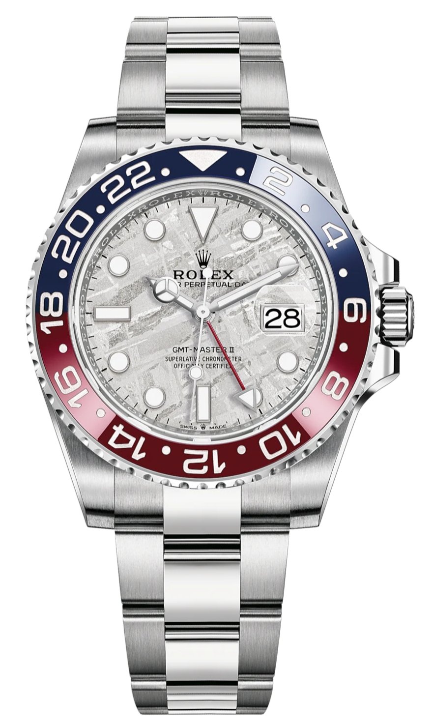 Rolex GMT-Master II white gold
40mm watch with blue and red Pepsi bezel, meteorite dial, and Oyster bracelet, reference 126719BLRO
